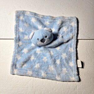 Gentle Steps Security Blanket Sky Blue Bear White Stars Plush Sewn Eyes 11"x11"